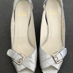 Stuart Weitzman Silver Peep-Toe Heels